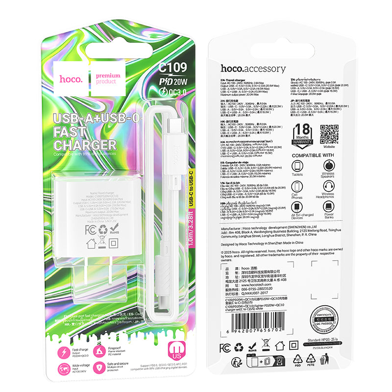Hoco C109(PD20W+QC3.0) Fighter PD20W+QC3.0 charger set(C to C)(US)